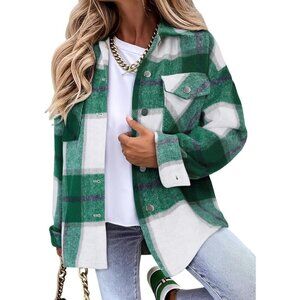 Women Green Collared V Neck Button Down Oversized Long Sleeve Shirt Top